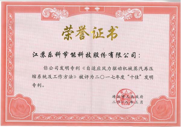 十佳发明荣誉证书